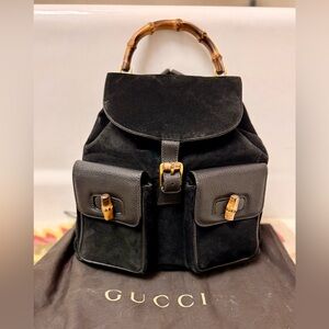 GUCCI‎ Vintage Y2K Unisex Black Suede & Leather Trim Bamboo Medium Backpack